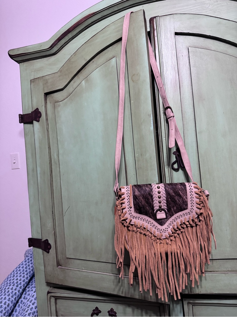 Wrangler Pink and Brown Fringed Crossbody Bag
